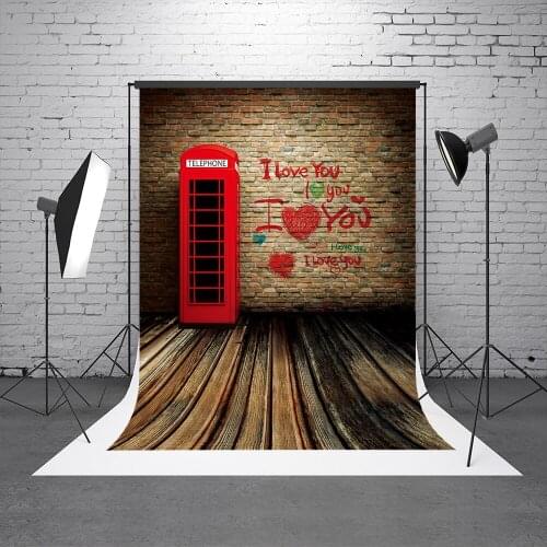 VinylBDS Brick Wall Photography Background Wood Flooring Background For Photo Studio LOVE Telephone Plank Valentine Day Backdrop