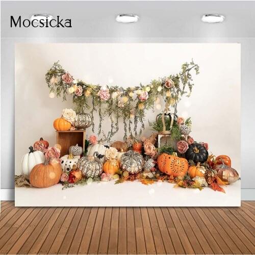 Pumpkin Theme Cake Smash Photography Backdrop Flowers Autumn Fall Newborn Kids Portrait Background for Photo Studio Photocall