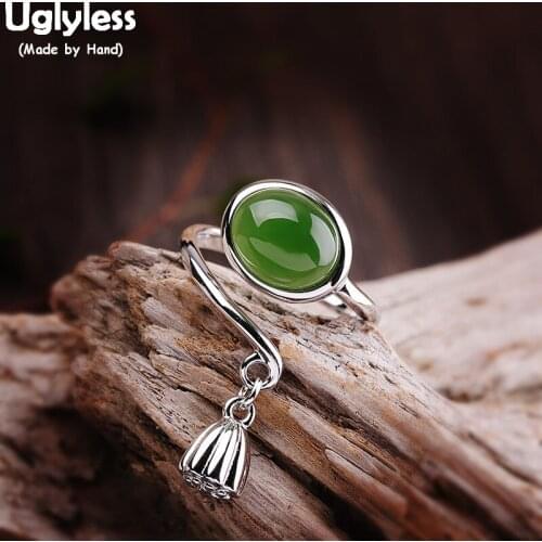 Uglyless Natural Green Jade Jasper Rings for Women Real 925 Silver Lotus Charms Open Rings Elegant Lady Party Dress Jewelry R850