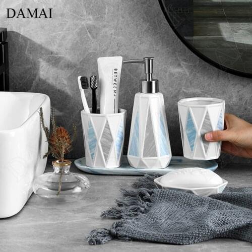 Creative Rhombu Bathroom Accessories Set Ceramic European Modern Marble Texture Household Restroom Five-piece Shower Accessories
