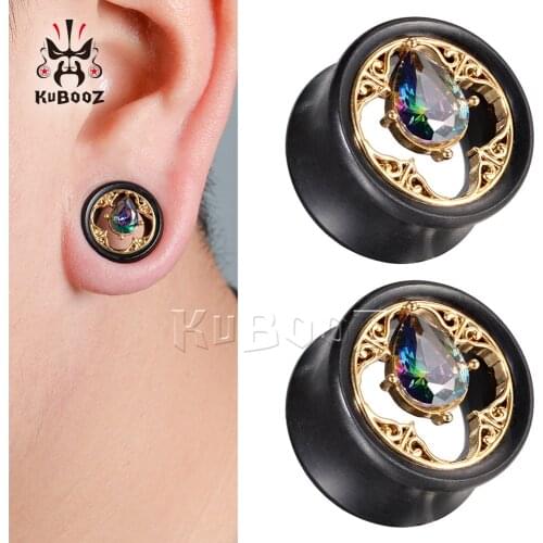 KUBOOZ Trendy Fashion Inlay Gold Zircon Wood Ear Plugs Gauges Expanders Body Piercing Jewelry Earring Tunnels Stretchers 8-25mm