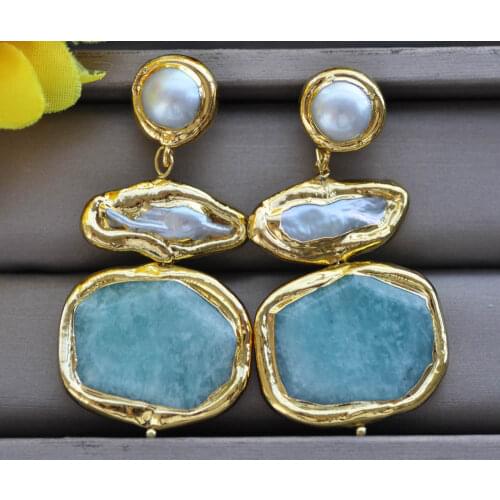 Z11086 30mm Square Amazonite White Biwa Pearl Gold plated Dangle Earring