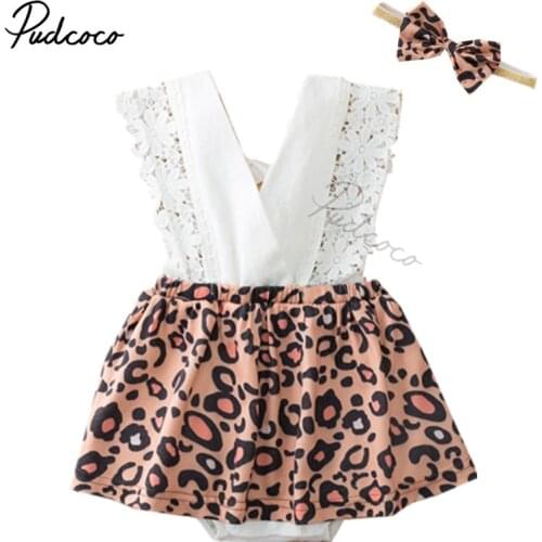 2021 Baby Summer Clothing Infant Newborn Baby Girls Leopard Bodysuits Dress Lace V Neck Jumpsuits With Headband