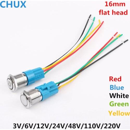 16mm Metal Push-button Switch 3v 6V 12V 24V 48V 110V 220v Self-locking and Momentary with red yellow blue green white Led Switch