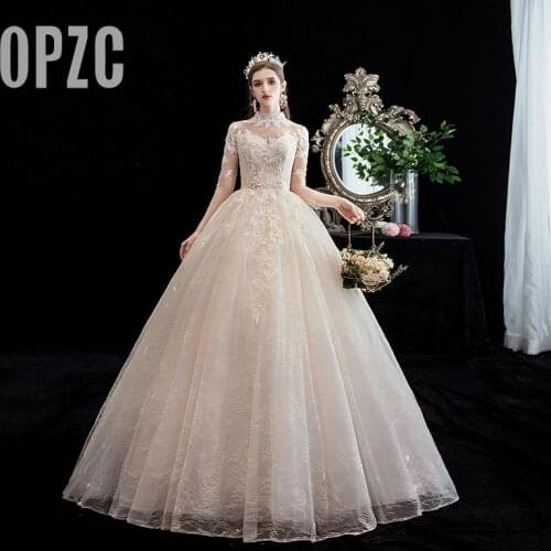 Fashion simple High neck Muslim Wedding Dress 2020 New Arrvial half sleeve floor length Applique princess Brida Robe De Mariee 7