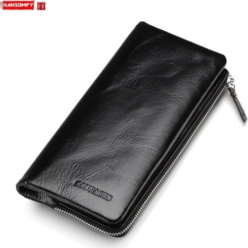 Soft Leather Mens Wallet Casual Card Holder Long Wallets Clutch Leather Zipper Coin Purses Vintage