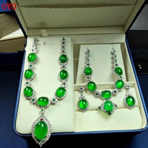 925 sterling silver inlaid high ice green chalcedony atmospheric water drop set yellow agate jade ring four-piece set