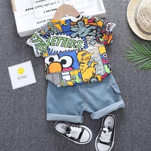 New Summer Kids Boy Clothes Fashion Graffiti T-shirt Children Clothing Denim Shorts Clothing Sets Children Pants Clothing 1-5 Y