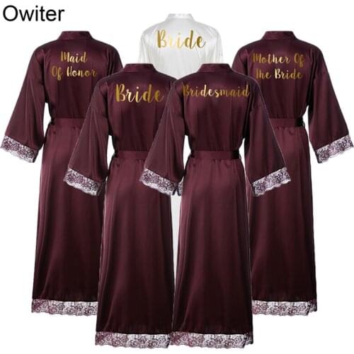 Owiter 2020 New Satin Silk Lace Robe Bride Bridesmaid Robes Wedding Bridal Long Robe Bathrobe Women Dressing Sleepwear Wine