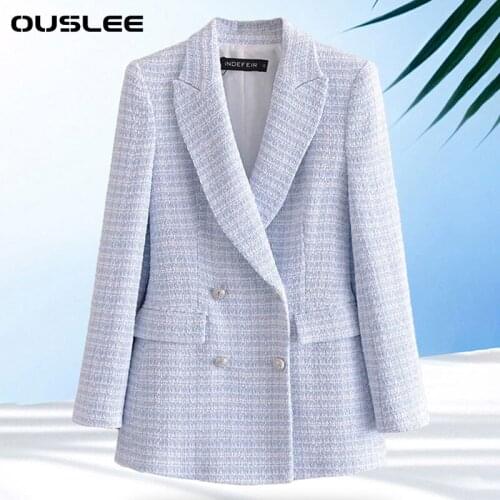 OUSLEE Spring Autumn Women Vintage Double Breasted Tweed Check Blazer Coat Vintage Long Sleeve Pockets Female Outerwear Tops