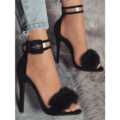 Women Summer High Heel Sandals Leopard Fur Square High Heel Shoes Woman Ankle Strap Buckle Sandal size 35-40