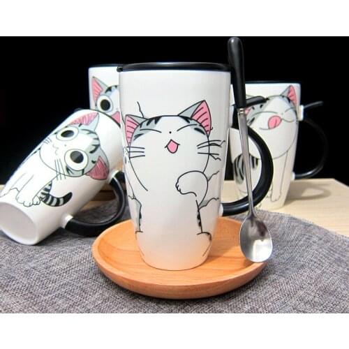 Cute Cat Style Ceramic Mugs with Lid & Spoon Cartoon Creative Moring Mug Milk Coffee Tea Unique Porcelain Mugs Free shipping