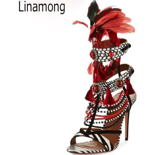 Sexy Stripe Strappy Cut out Open toe Feather Ankle Boots Gem Crystal Studs High Heels Women Beads String Summer Boots Shoes