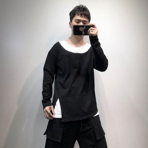 Japanese big fashion fake two black and white color matching loose round neck trendy mens T-shirt black hem split top