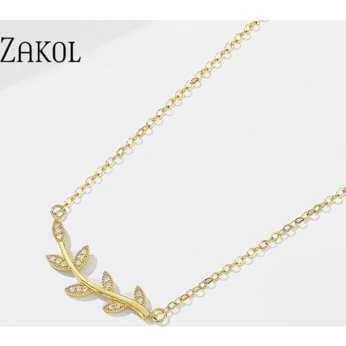 ZAKOL Women Fashion Choker Luxury Zircon Crystal Leaf Shape Pendant Necklaces Chains Jewelry Gift FSNP2168