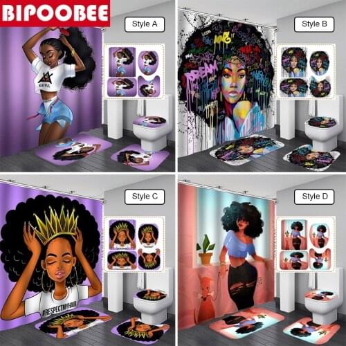 African Shower Curtain Afro American Crown Women Graffiti Hair Walking Dog Lady Non-slip Rugs Toilet Lid Cover Bathroom Curtains