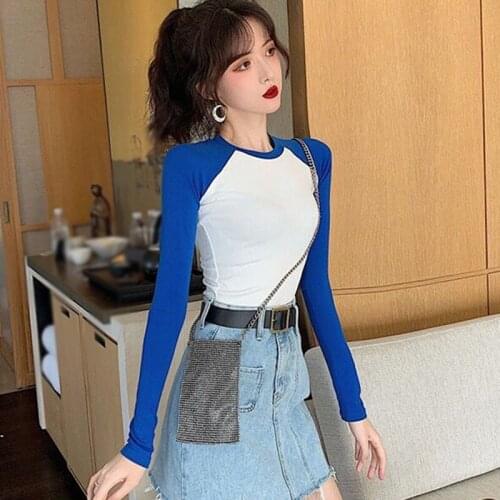 New Summer Womens Sexy Round Neck T-Shirt Long Sleeve Casual Blouse Patchwork Color Slim Tops