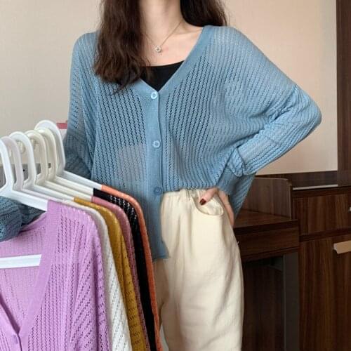 Womens Knitted Cardigan Long Sleeves Loose Hollow Sunscreen Autumn Winter Thin Pure Color Wholesale Top Lady Clothing