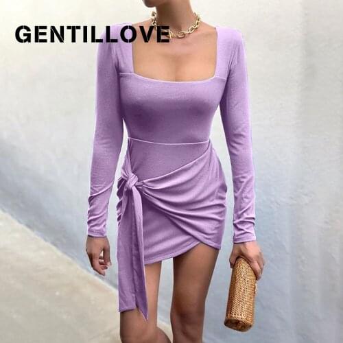 Long Sleeve Square Collar Dress Women Solid Elegant Slim Tie Up Wrap Mini Dress Chic Vintage Bodycon Backless Autumn Skirt