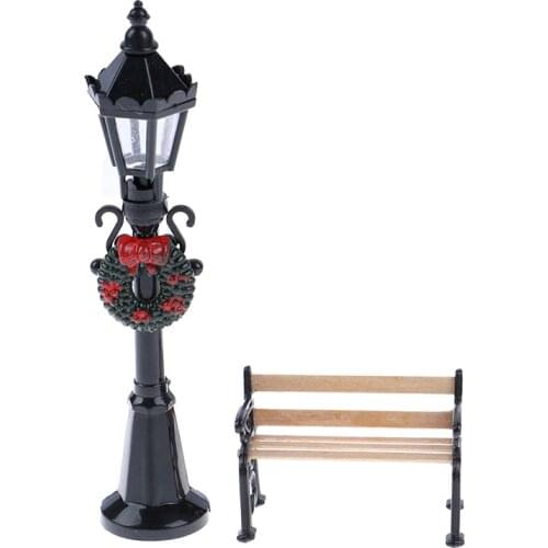 1Pcs/2Pcs 1/12 Dollhouse Miniature Christmas Park Street Lamp & Bench Doll Garden Decor Garden Furniture Miniature Decor Toy