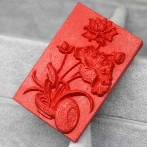 Free shipping carving lotus flower vintage synthetic red cinnabar rectangle pendant fit for necklace jewelry making 36*56mmB1540