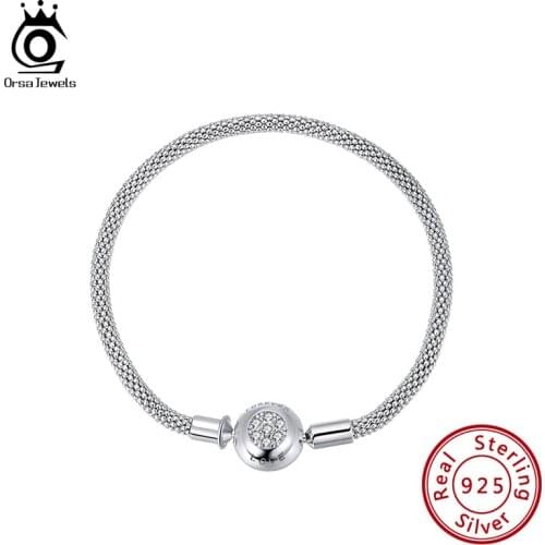 ORSA JEWELS Authentic 925 Sterling Silver Snake Chain with Clear CZ Basic Bangle & Bracelet for Women DIY Luxury Jewelry CBB02
