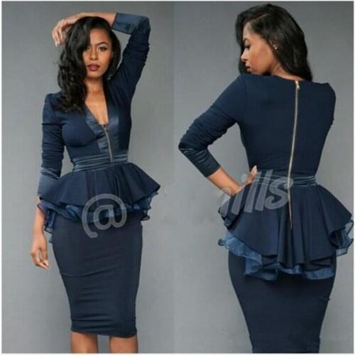 2020 Sheath Knee Length Cocktail Dresses Peplum Ruffles V Neck Zipper Long Sleeves Navy Blue Prom party Gowns
