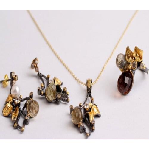 Drop Pearl Leaf Zultanite and Green Jewelry Set Gold Plated,Woman Silver Zultanite Ring+Necklace+Earrings,Handmade Woman Silver