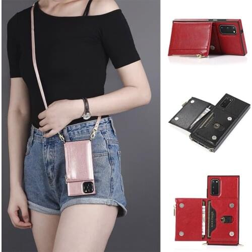 Note 20 Ultra 10+ 9 Cover Luxury Crossbody Strap Zipper Wallet Card Stand Holder Leather Case for Samsung S20 Plus S10 S9 A90 5G