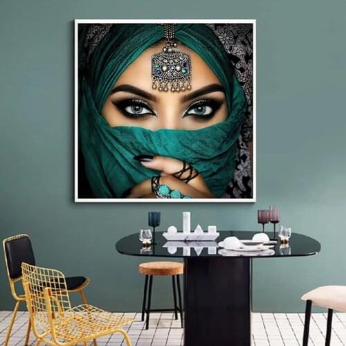 Islamic Woman with Green Turban Canvas Painting Modern Figure Poster and Prints Wall Art Picture Bedroom Home Decor cuadros