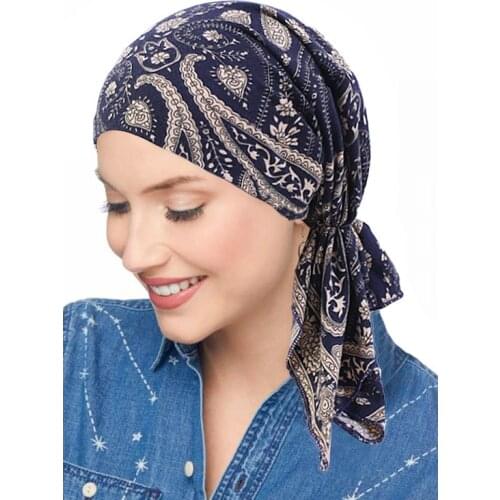 Muslim Women Soft Stretch Turban Hat Pre-Tied Head Scarf Printed Ladiess Cotton Cancer Chemo Cap Inner Hijabs Hair Accessories