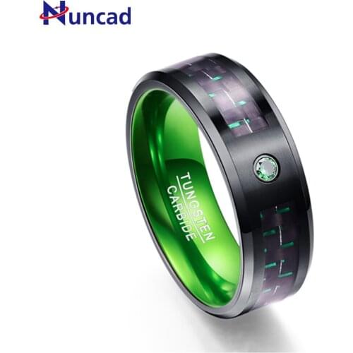 NUNCAD Mens 8mm Tungsten Carbide Ring Green Carbon Fiber Comfort Fit Wedding Band Tungsten Steel Ring Size 7 to 12