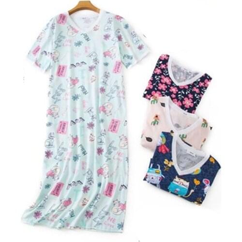 Nightdress Women 100% Cotton Homewear Big Size Short Sleeve O-Neck Fashion Clothes Vintage Cartoon Fashion Mom Pjs