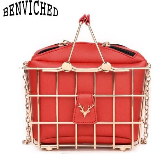 BENVICHED 2021 New High-quality PU Leather Women bag Iron Basket Square bag Chain Shoulder Messenger Bag Fashion Handbags B043