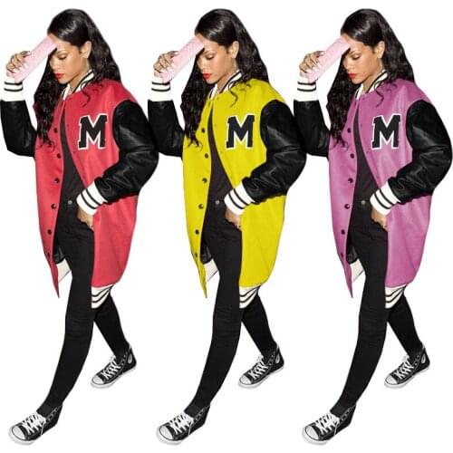 FNOCE 2021 new spring womens overcoats fashion trends Baseball uniform lettet print long sleeve loose slim thick womens coats