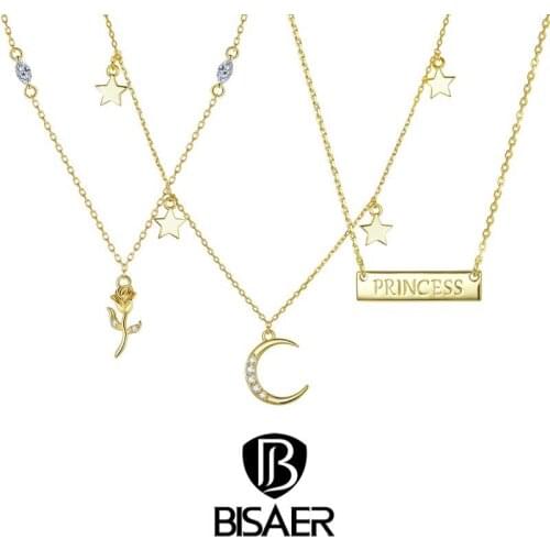 Bisaer 925 Sterling Silver Princess Golden Rose Moon Necklace For Women Elegant Jewelry Fine Necklaces Jewelry Gift ECN464