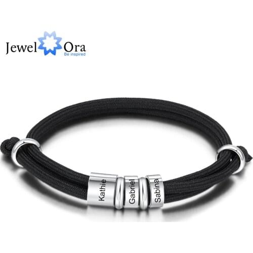 Personalized Stainless Steel Charm Bracelets with 3 Custom Name Beads Adjustable Rope Men Bracelets Gift for Father/Grandfather