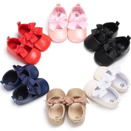 PU Soft Bow Slippers Newborn Infant Boy Girl Solid Sole Party First Walkers Shoes 0-18M