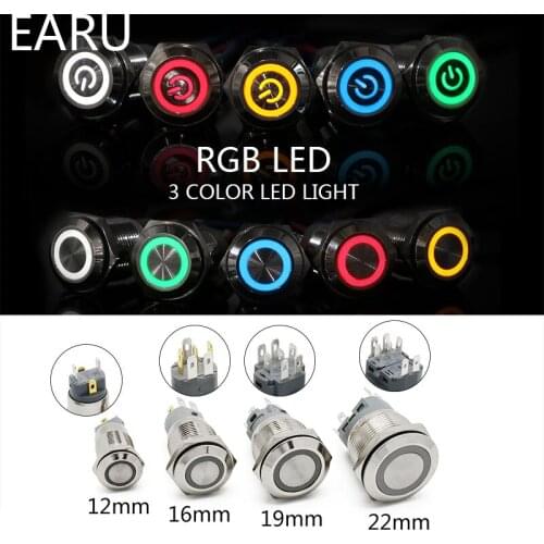 12mm 16mm 19mm 22mm 2 3 Color RGB LED Light Switch Latching Fixation Waterproof Metal Push Button Switch Power 3-380V Red Blue