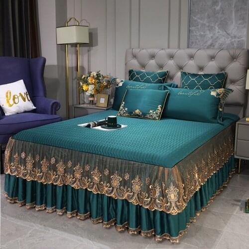 Luxury Bedspread on The Bed Embroidered Lace Queen King Fitted Bed Cover Solid Color Satin Non-slip Dust Ruffle Bedskirt 3PCS