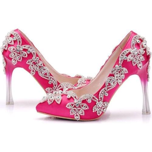 Rose Red Women Wedding Shoes High Heels 10.5CM Studded Crystal Bridal Party Shoes Sexy Pointed Toe Patent Leather Lady Pumps