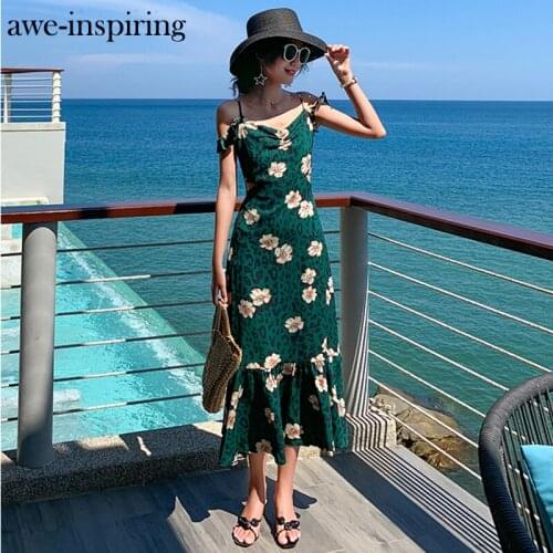 Summer Green Sundress Female Boho Tropical Sexy Vacation Backless Vintage Ruffle Long Beach Sea Korean Print Dress Women Floral