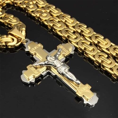 Heavy Crucifix Jesus Cross Necklace Stainless Steel Christs Pendant Gold Byzantine Chain Men Necklaces Jewelry Gifts 24"