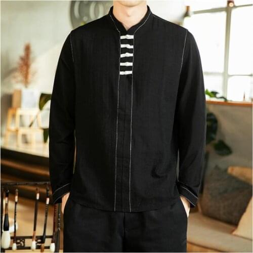 Vintage Men Long Sleeve Hanfu Shirt Cotton Linen Stand Collar Chinese Style Blouse 2020 Solid Color Casual Mens Shirts