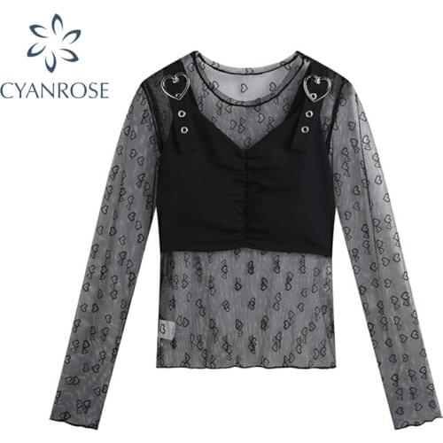 Summer Mesh shirt Women Long Sleeve Fashion Streetwear Two Piece Sexy Black Tanks Gothic Punk Heart Print Top Female 2021 New