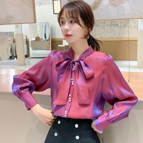 Spring Autumn Solid Long Sleeve Chiffon Blouse Women Office Elegant Bow Printing Shirt Women Button Cardigan Ladies Tops 2020