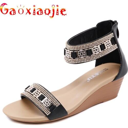 2021 Summer sandals Women Fashion rhinestone metal buckle zipper large size Soft Comfortable Non-slip wedge Roman sandals female