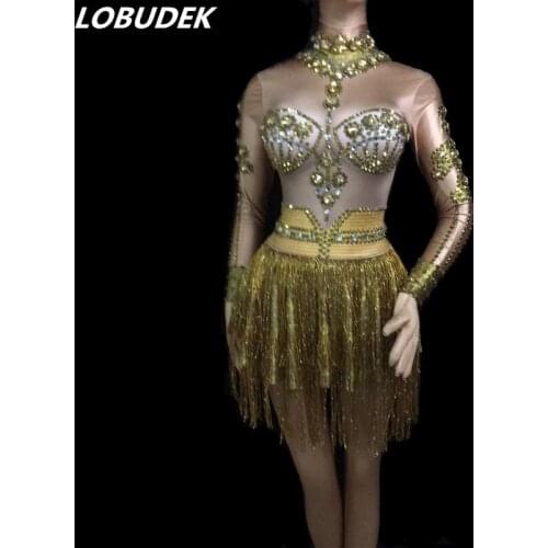 Glisten Rhinestones Gold Tassels Mini Dress Nightclub DJ Singer Elastic Long Sleeve Short Dress Jazz Dance Team Performance Wear