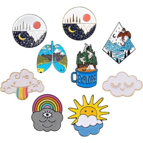 Natural Landscape Star Moon Brooches River Forest Cactus Plant Lungs Of Earth Funny Weather Rainbow Dark Clouds Cloudy lapePins