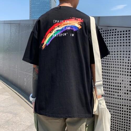 Rainbow Kpop Minimalist Style Couples Mens Tshirt Cool Harajuku Crew Neck Popular Pullover Youth Personalized Hight Street Top